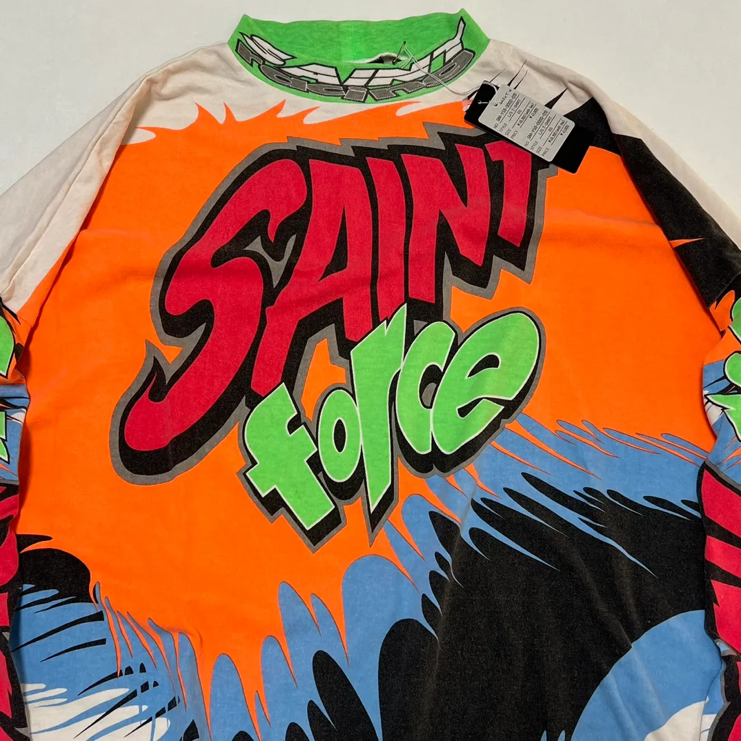 SAINT MICHAEL 24SS SAINT FORCE L/S TEE New Racing Retro Long Sleeve Off-white S-XL Front, left and right sleeves, even ribs are printed. There are more than 30 sets of samples in total. They are extremely complicated and all are oversized screen versions. Ready-made garments are washed and worn with Vintage value.